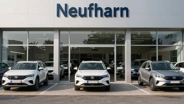 A professional wide-angle shot of a modern car dealership exterior in Neufahrn, Germany. The building features large glass panels reflecting several white and silver cars parked on a clean asphalt lot. Central European style, professional atmosphere, bright daylight lighting with silver and off-white tones.