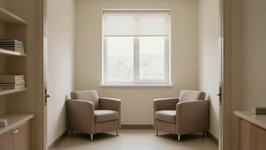 Wide interior shot of a sparse clinical therapy room, looking from the doorway — two low armchairs facing each other, north-facing window casting even diffused light across a warm off-white wall, empty shelves with a single stack of clinical textbooks visible in the left third, no people, architectural precision