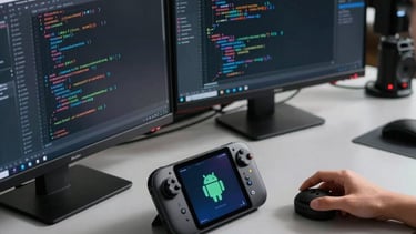 Studio shot of a professional software developer's workstation. Multiple screens showing lines of clean code in a dark mode IDE. The workspace is organized, featuring a high-end Android test device on a light gray desk.
