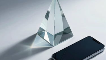 Minimalist composition of a glass prism and a modern smartphone on a white surface. Soft shadows and reflections in light blue and pale blue tones. Symbolic of precision and innovation in mobile technology.