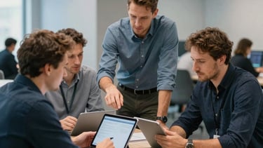 Professional Eastern European software engineers in a collaborative meeting. They are discussing a project around a tablet. The setting is a clean, modern coworking space with light blue and slate gray decor.