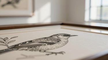 Close-up macro shot of a framed wildlife art print (e.g., a detailed bird or botanical illustration) in a minimalist, sunlit gallery space, emphasizing paper texture and fine ink lines, soft directional natural window light, muted gallery tones, 50mm.