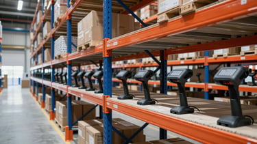 Modern warehouse interior with high-bay racking systems, barcode scanners on a shelf, organized logistics environment, crisp commercial lighting, high contrast.