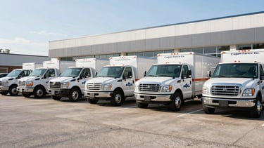 Wide shot of several Carjen Fence Co. branded trucks lined up neatly in front of their Peekskill office building, bright morning daylight, crisp shadows, clean lines, 35mm lens.