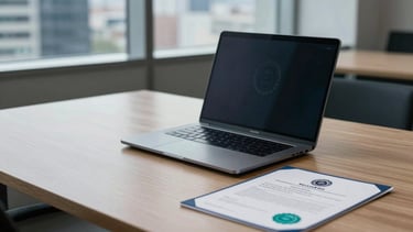 Photography of a modern and professional corporate office setting in Mexico City. A clean wooden table holds a high-end laptop and a professional certification document with a teal seal. Soft natural light flows through a window showing a cityscape. The mood is academic and rigorous, featuring deep blue and soft grey tones.
