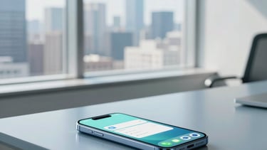 A high-end, bright North American office interior with large windows overlooking a blurred city skyline. On a sleek slate blue desk, a premium smartphone is visible, displaying a modern and minimalist application interface. The lighting is soft and natural, emphasizing a clean, sophisticated, and professional atmosphere using a palette of light blue-grey and pale cyan.