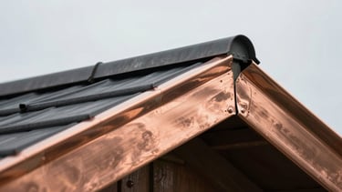 Macro detail shot of pristine copper flashing hand-fitted along a roof valley, soft overcast daylight reflecting off the metal