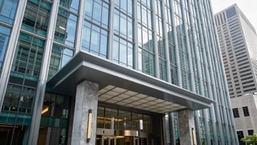 A wide-angle professional photograph of a modern, high-rise corporate headquarters entrance in a North American / US city. The scene features clean glass architecture, polished stone surfaces, and subtle teal and dark green brand accents in the landscaping. The lighting is bright and sophisticated, conveying trust and large-scale enterprise stability.