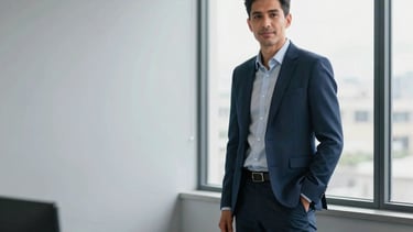 A bright, minimalist office setting in Mexico City. A professional Mexican insurance advisor in business casual attire stands next to a window. The room is decorated in soft gray and navy blue. The lighting is clean and professional, creating an atmosphere of trust and efficiency.