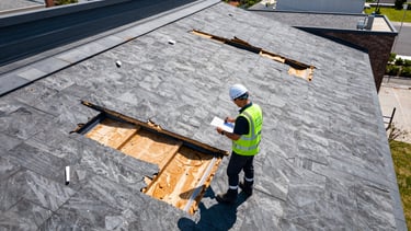 A professional inspector wearing branded safety gear on a roof documenting wind damage, crisp post-storm daylight.