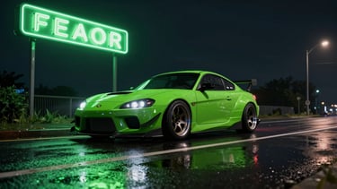 Low-angle cinematic shot of a modified tuner car parked under a flickering neon street sign at night, wet asphalt reflecting toxic green light, dark empty highway stretching behind.