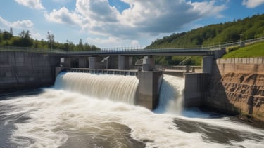 Technicians installing hydro power equipment beside a flowing river