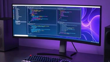 A professional, high-end North American software developer workspace at night. A large ultra-wide monitor displays vibrant neon blue and purple code blocks. Sleek, modern hardware like a back-lit mechanical keyboard rests on a dark minimalist desk. The atmosphere is cutting-edge and innovative with soft ambient purple lighting.