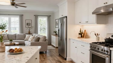 Bright and cozy living room after a full home renovation with warm wood and soft beige tones