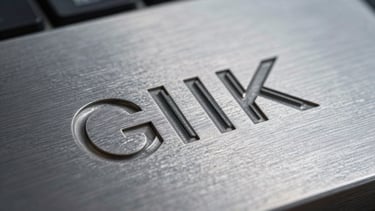 Extreme close-up of brushed metal surface with precision-cut lettering, cool studio light raking across the material to reveal texture and edge finish, no people