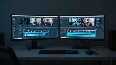 Anamorphic wide shot of a modern, clean workspace with dual monitors displaying complex data dashboards and video editing timelines, moody low-key lighting, cool blue and dark gray tones.