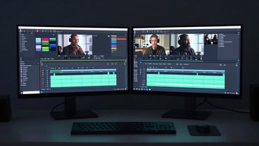 A clean modern dual-monitor workspace displaying complex analytics dashboards and video editing timelines, moody low-key lighting with soft mint green accents.