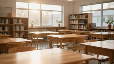 Wide landscape shot of a bright, airy classroom filled with bookshelves, wooden tables, and large windows streaming warm afternoon sunlight