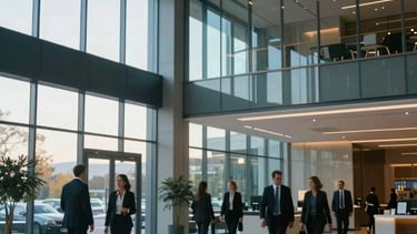 A high-end North American corporate headquarters lobby featuring sleek glass panels, dark navy and sky blue interior design elements, and soft morning light. Professionals in business attire are seen in a soft focus background, emphasizing a reliable and innovative business environment.