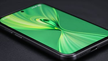 Macro close-up of a high-end Android flagship screen displaying a fluid, neon green 120Hz scrolling animation, dark background, dramatic studio lighting.