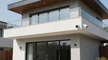 A high-tech security camera mounted on a stylish home exterior.
