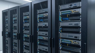 Perfectly aligned server racks with structured cabling in a modern data center, cool slate tones