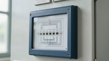 Close-up of industrial electrical control panel with clean wiring diagrams, bright natural light