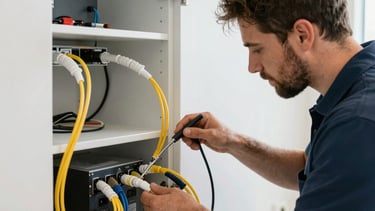 Close-up of fiber optic cable connectors with glowing light