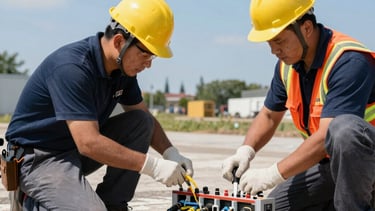 Technician installing fiber optic cables in an office environment