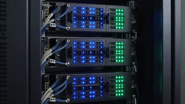 Macro detail shot of structured server racks with cool blue and green indicator lights, showcasing technological precision and organized data lines.
