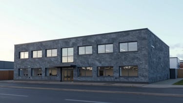 Minimalist architectural rendering of the Graeme Gibbs Engineering Ltd office exterior in Aberdeen, soft diffused northern daylight, slate blue and charcoal tones, sharp focus, 35mm tilt-shift lens.
