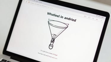 Close-up overhead shot of a laptop screen displaying a funnel landing page wireframe with handwritten annotations in the margins, clean studio daylight, minimal desk surface visible at edges, high contrast black text on white