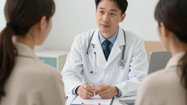 A caring healthcare professional speaking gently with a patient in a bright, welcoming clinic room