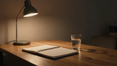 Wide cinematic still — a dimly lit home studio desk seen from a low angle, a single lamp casting warm amber light across a notebook and a glass of water, deep shadow filling the right two-thirds of the frame, natural grain texture visible