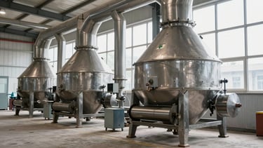 Wide environmental shot of a clean, operational industrial flour milling plant interior, massive stainless steel processing pipes and roller mills under bright natural factory window light, sharp industrial photography