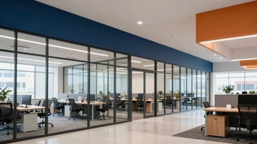 Wide panoramic view of a modern, clean office interior in West Jordan, Utah, with glass walls and natural light, collaborative workspace elements, deep blue and orange accents. Focus on architectural details, no people.