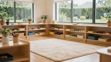 Wide environmental view of a spacious, organized preschool room. Low shelves hold neatly arranged sensory materials, a soft cream rug sits on the wooden floor, and large windows look out to a green garden.