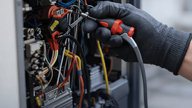Technician using a thermal imaging probe to inspect complex electrical wiring and circuit components.