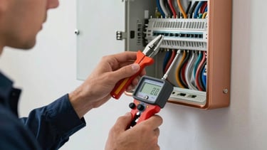 Close-up photography of professional technician hands holding a digital tellurometer and ammeter clamps while inspecting an electrical box in a modern Spanish / Andalusian home interior. Bright, professional lighting, sharp focus on the measuring tools with digital displays, clean navy blue work attire, and a warm copper and light grey-blue color palette.