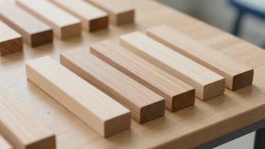 Close-up of structured wooden assessment blocks arranged neatly on a light oak table, soft side-lighting, clean lines, representing clinical organization.