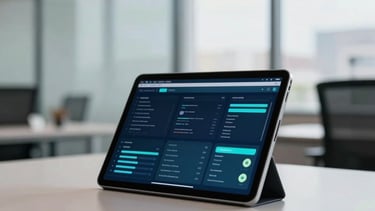 Modern office interior in Latinoamericana with a clean and professional atmosphere. A tablet on a sleek desk shows a blurry dashboard with deep blue and teal accents. Natural soft daylight from a large window. High-quality corporate photography style.