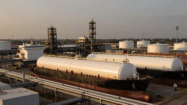 Wide-angle environmental shot of an industrial fuel terminal at golden hour, massive oil tankers docked, steel pipelines, desaturated steel and amber tones