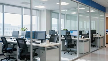 Clean and professional North American medical office environment with sleek glass partitions, polished grey floors, and royal blue accents. A bright, data-driven workspace reflecting trust and healthcare efficiency, captured in high-resolution photography with natural daylight.
