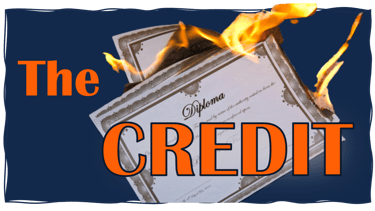 In the foreground the play name, behind it is a college diploma burning at the edges.