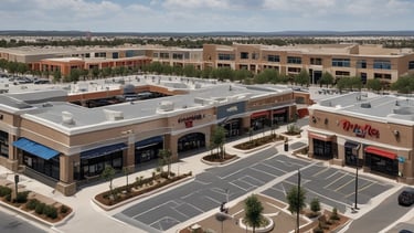 A modern retail strip center bathed in warm afternoon light