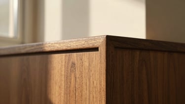 Extreme close-up of a perfectly joined walnut wood corner, showing fine grain and seamless finish, soft golden light, architectural detail, 35mm