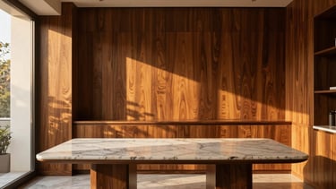 Warm architectural interior photography of a luxurious design studio in India, featuring rich walnut wood panels, a large marble consultation table, soft golden-hour window light casting long shadows, 35mm