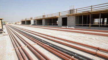 Wide-angle architectural photograph of an active commercial construction site in Doha, showing clean MEP installation with copper pipes and organized cable trays under bright natural daylight, sharp focus, 35mm lens