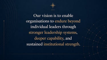 Corporate mission statement about building leadership systems and institutional strength on a dark blue background.