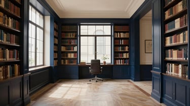 Wide panoramic view of an elegant, quiet corporate library with structured architectural lines, soft natural window light, deep navy and champagne tones